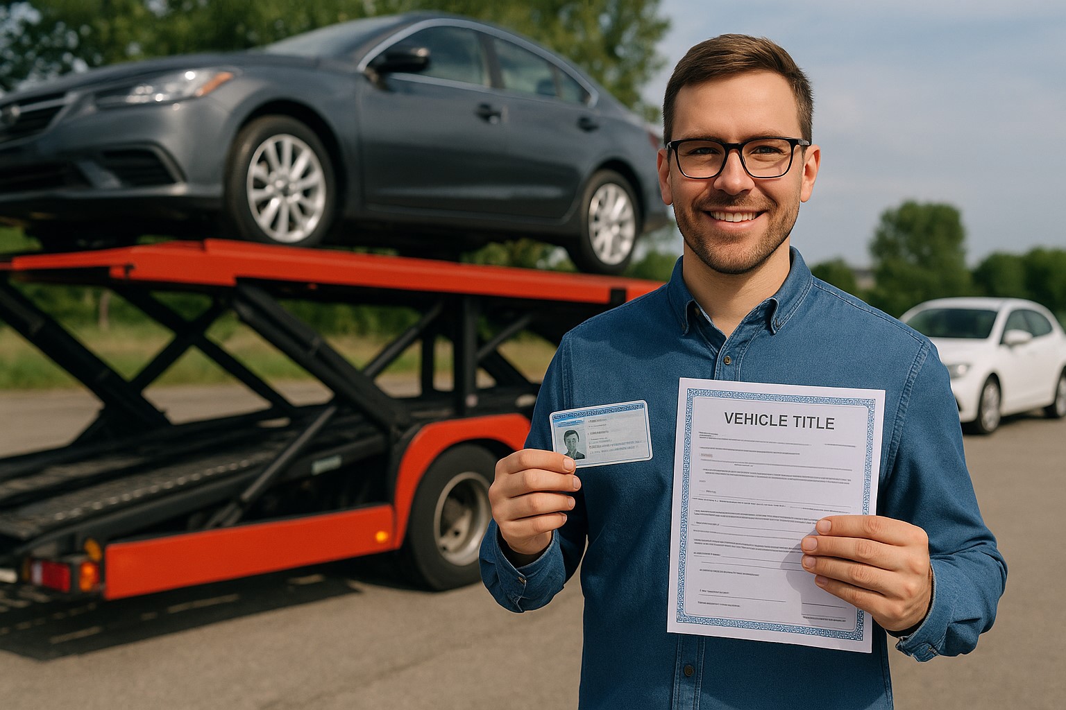 Car Transport Essentials A Smiling Man Holding A Vehicle Title And Drivers Licence. Documents Needed For Car Shipping